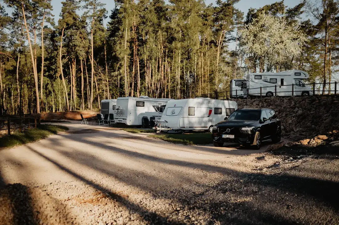 Caravans parked on grassy plots among the trees at the campsite.
